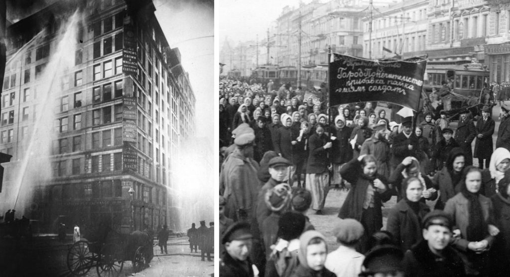A la izquierda, imagen del incendio de la fábrica de camisas Triangle Shirtwaist, en la que se ven las mangueras que no alcanzaron el nivel del fuego. A la derecha Manifestación de mujeres por pan y paz en la Revolución de Febrero en Petrogrado.