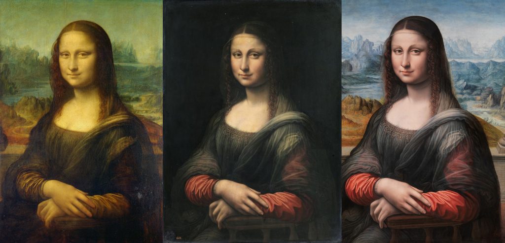 A la izquierda la Gioconda pintada por Leonardo Da Vinci expuesta en el Museo del Louvre, Paris.
En el Centro: La Mona Lisa pintada en el taller de Leonardo por uno de sus discípulos antes de ser restaurado.
A la derecha, mismo cuadro una vez restaurado, expuesto en el Museo del Prado en Madrid